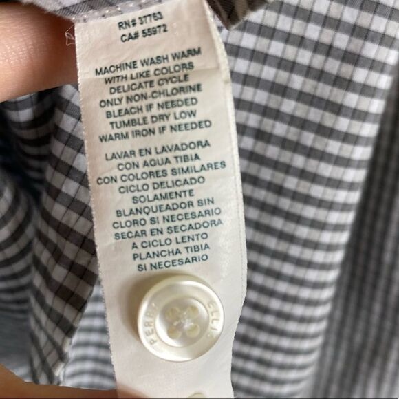 Perry Ellis Slim Fit Grey & White Checkered Plaid Long Sleeve Button Up Shirt - Picture 4 of 5